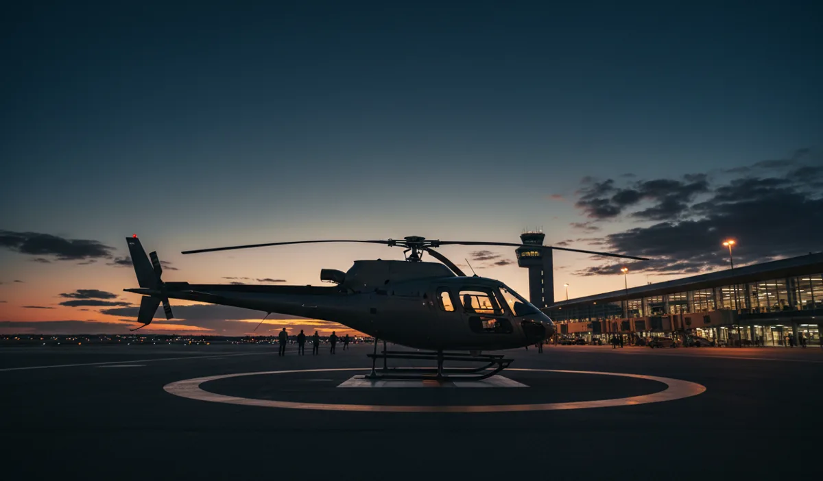 A twin-engine helicopter on an airport helipad at blue hour with a control tower in the distance.