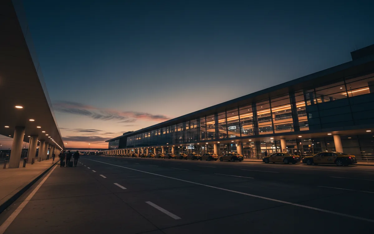 Taxis and sedans wait for passengers outside an airport terminal at twilight.