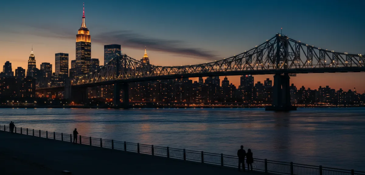 The Queensboro Bridge at dusk with the Midtown Manhattan skyline beyond.