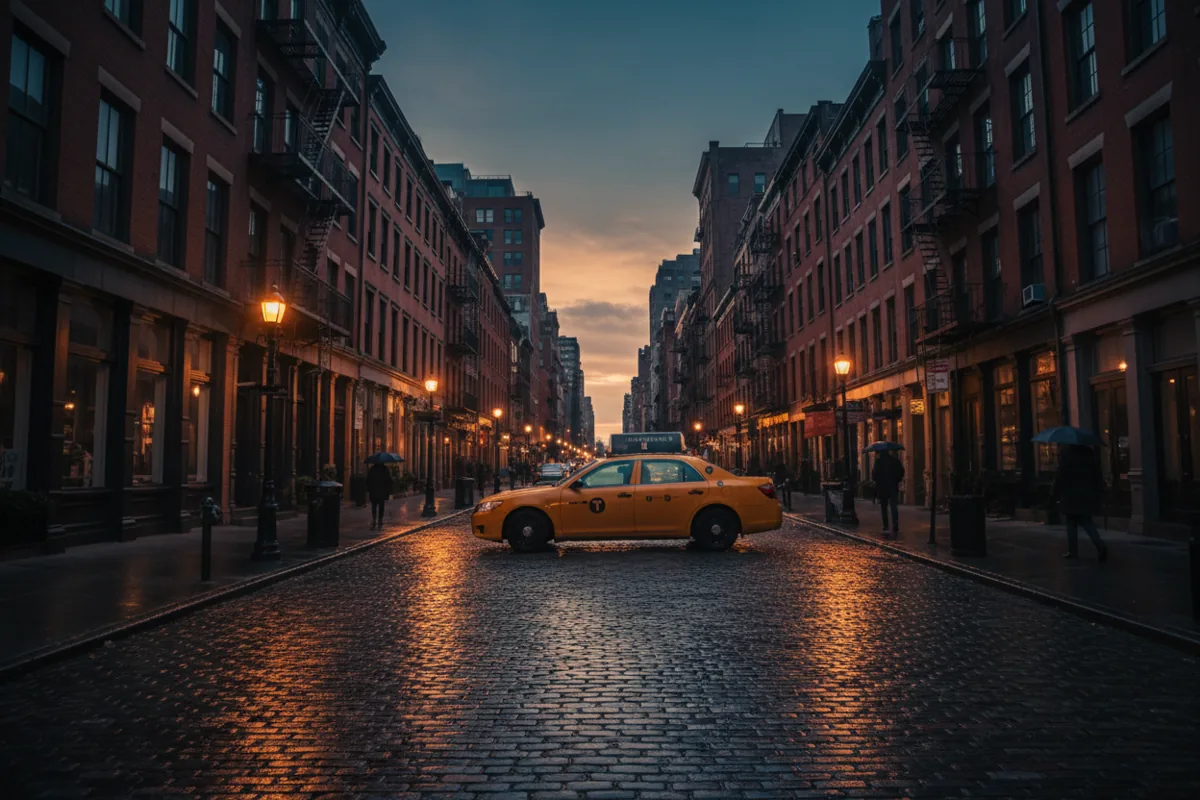 A yellow taxi parked on a wet cobblestone street in New York City as evening lights begin to glow.