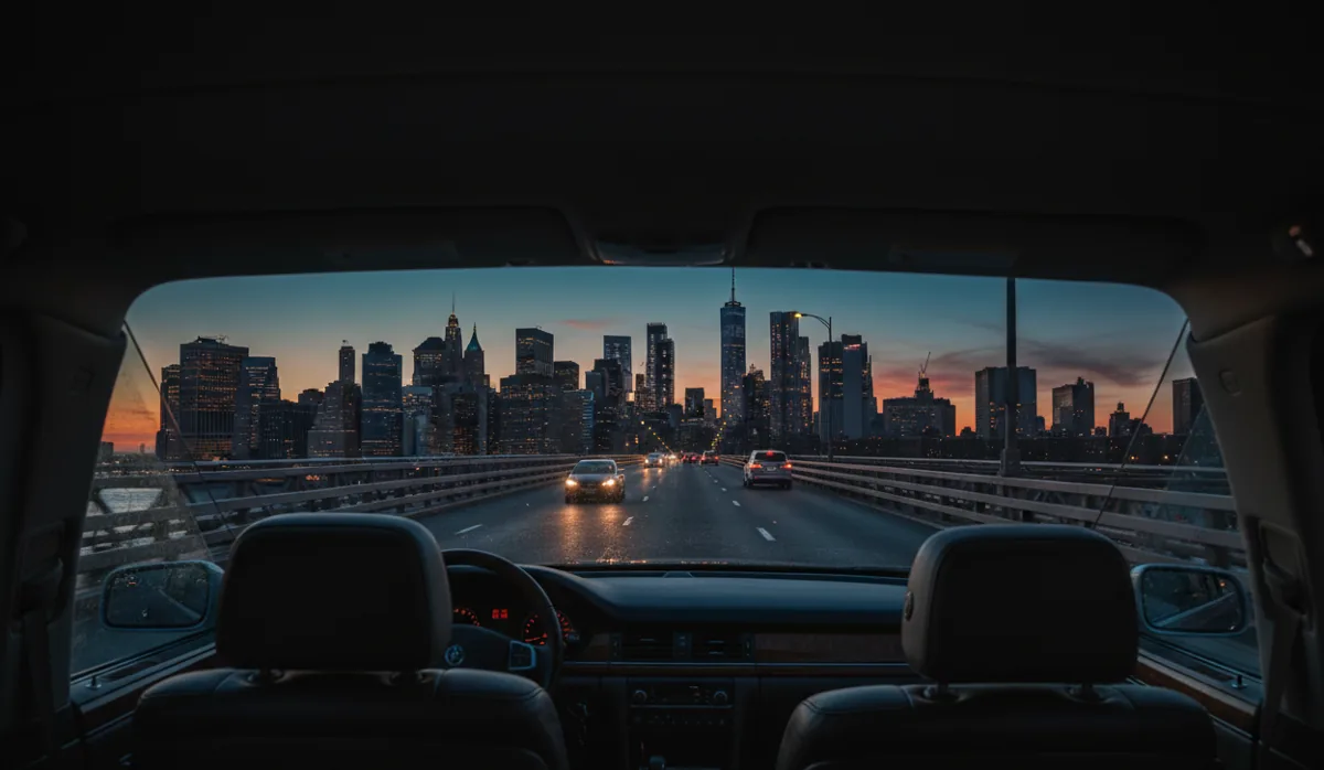 The Manhattan skyline at twilight, viewed from the backseat of a car driving over a bridge.