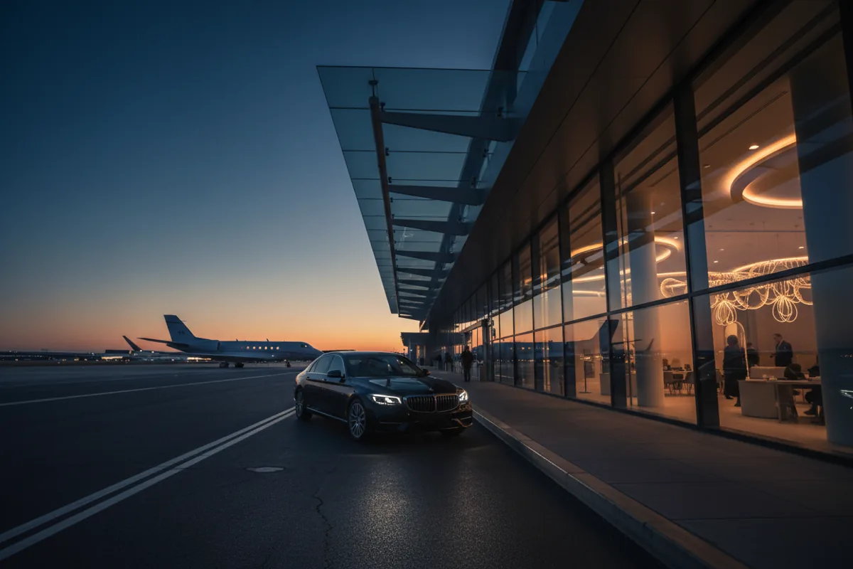 A modern airport terminal curb at dusk with a black car arriving and a private jet in the background.