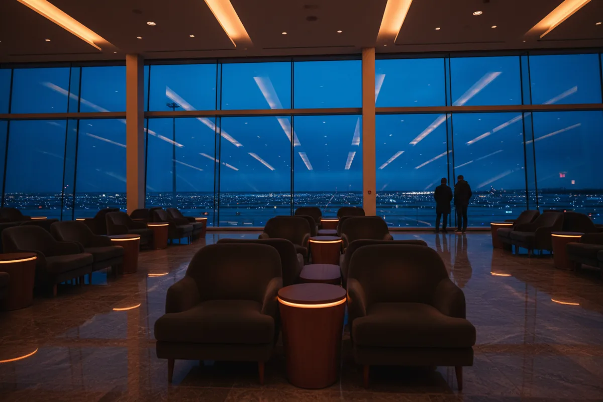 An empty, modern airport lounge with comfortable chairs and large windows overlooking the airfield at dusk.