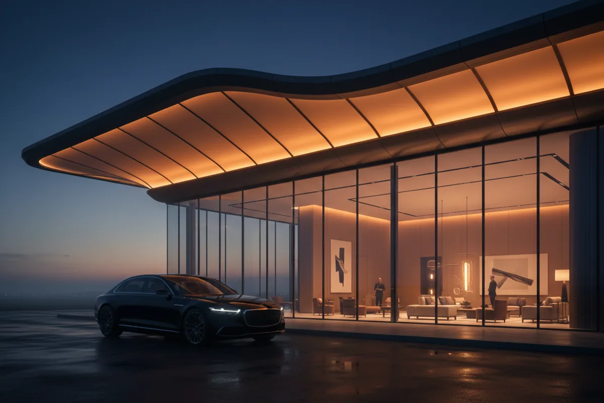A luxury sedan arriving at a modern private airport terminal at dusk.