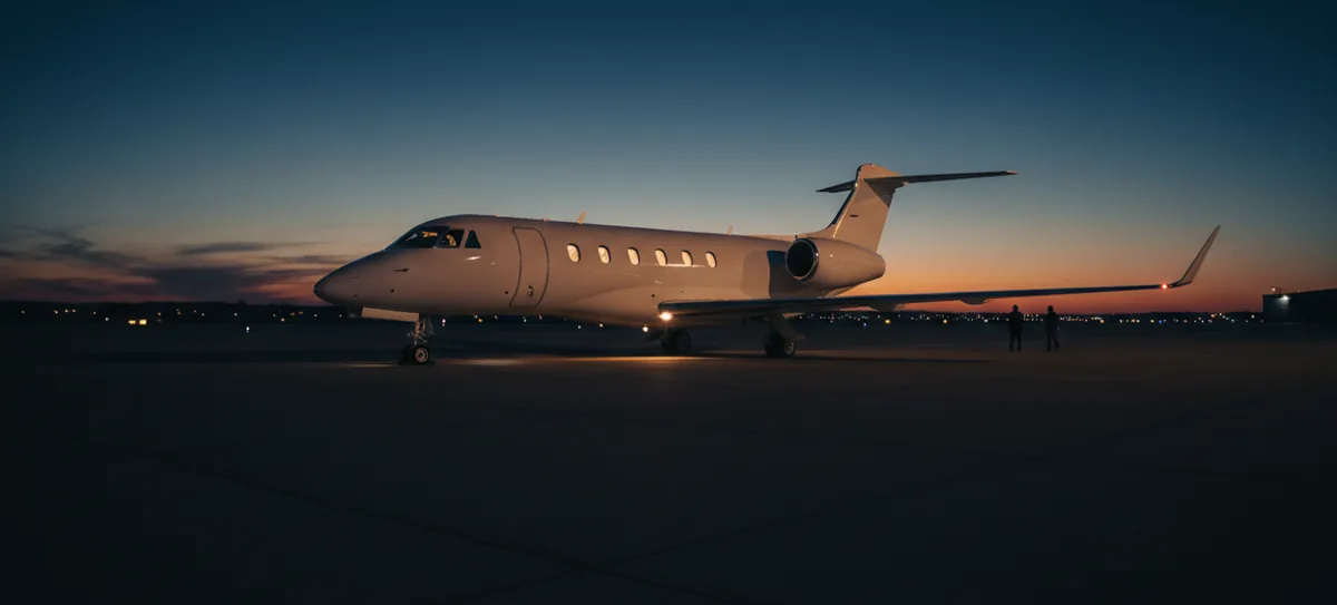 A private jet sits on the tarmac at Teterboro Airport during a peaceful, golden sunset.