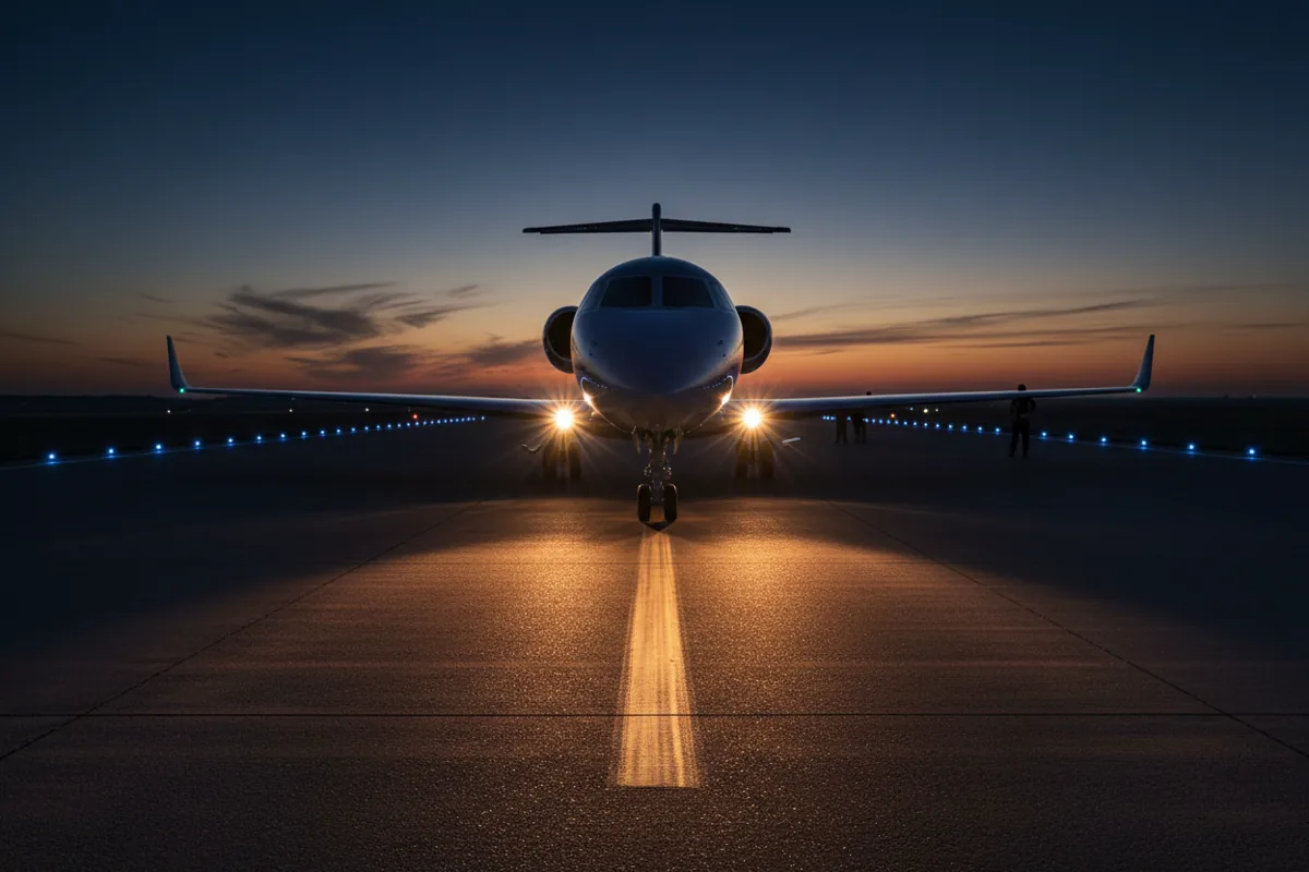 A private jet on a runway at night, preparing for takeoff.