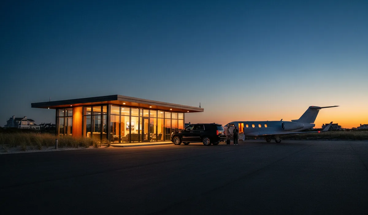 A private jet and a luxury SUV on the tarmac of a small airport at dusk.