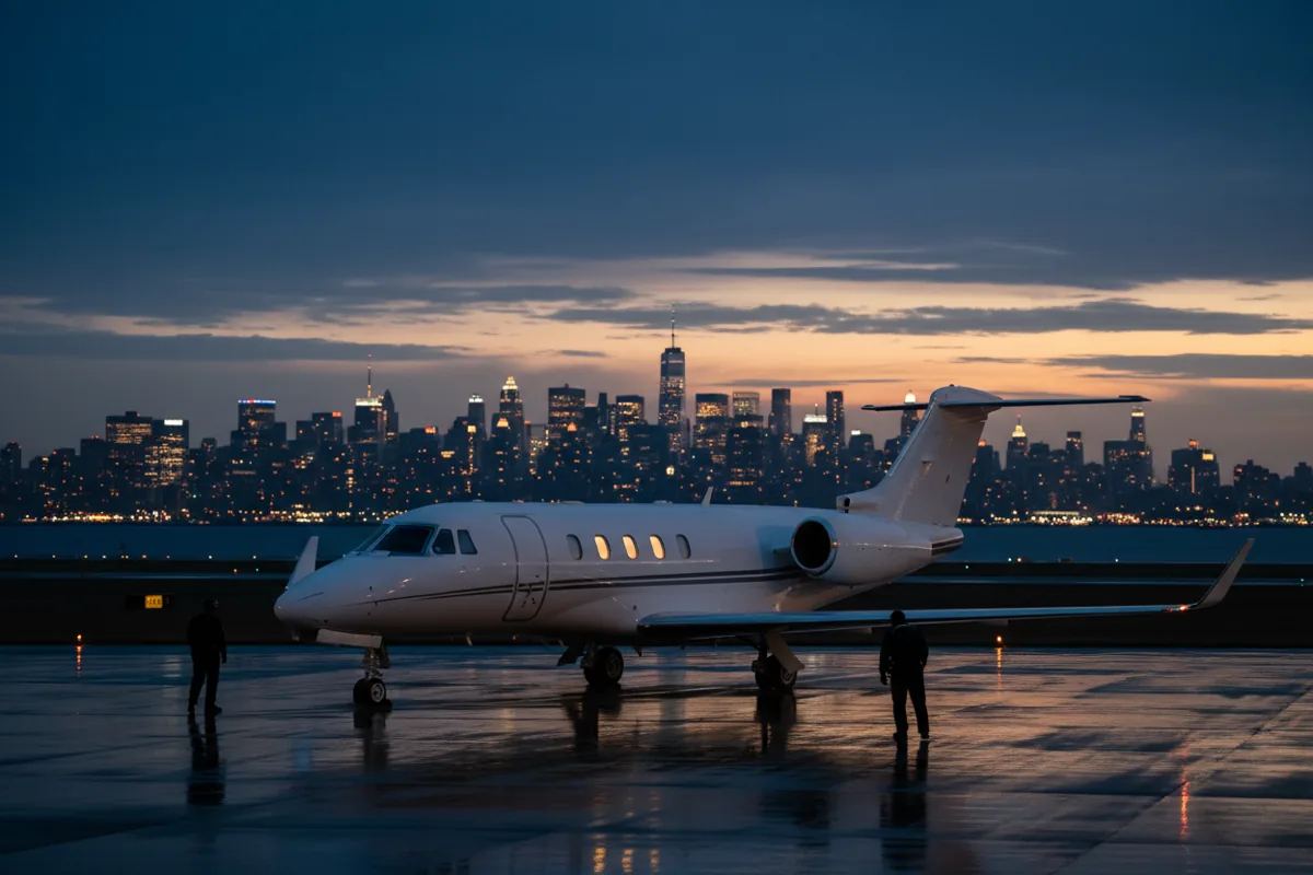 A private jet on an airport tarmac at dusk, with the New York City skyline in the distance.