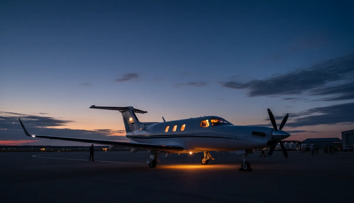 A private turboprop airplane on an airfield at dusk with its cabin lights glowing warmly.