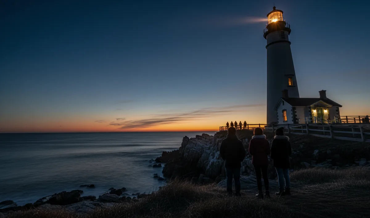 The Montauk Lighthouse at blue hour, its bright beacon lit against a dark evening sky.