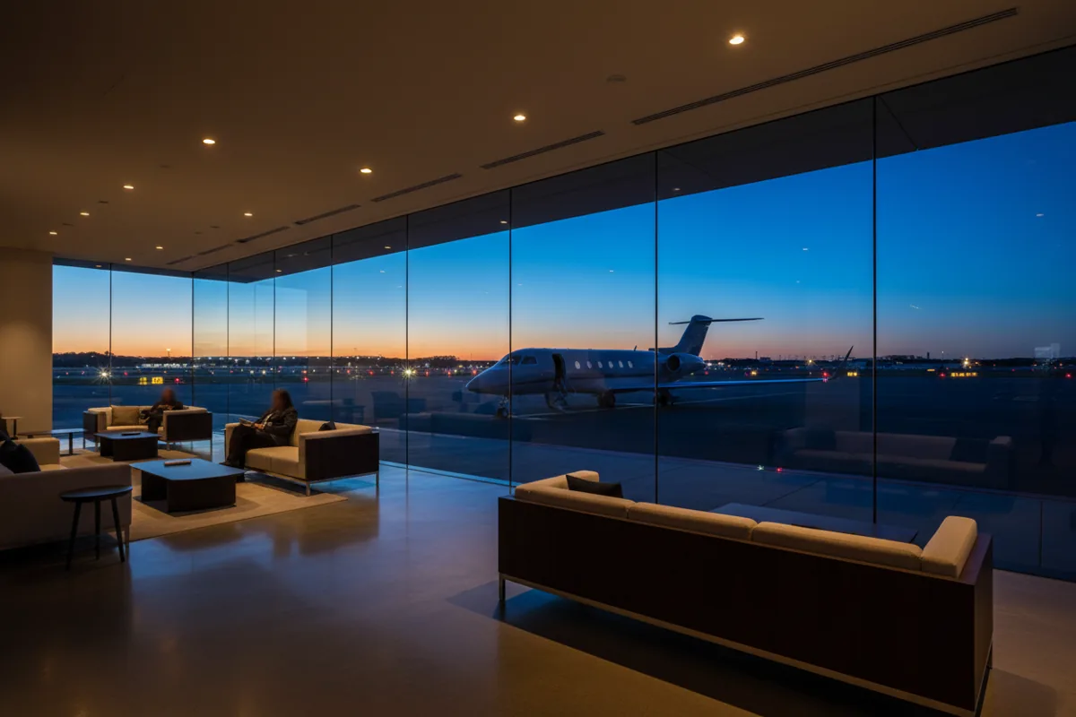 View from a modern airport lounge of a private jet on the tarmac at twilight.