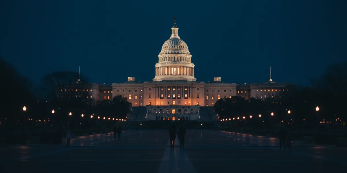 The lit U.S. Capitol dome at night seen across the National Mall.