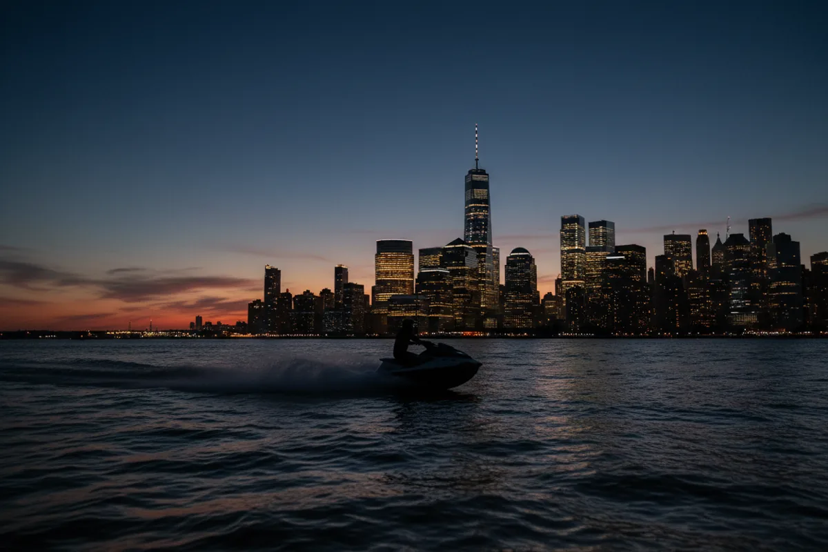 A jet ski on the water with the Lower Manhattan skyline visible at twilight.