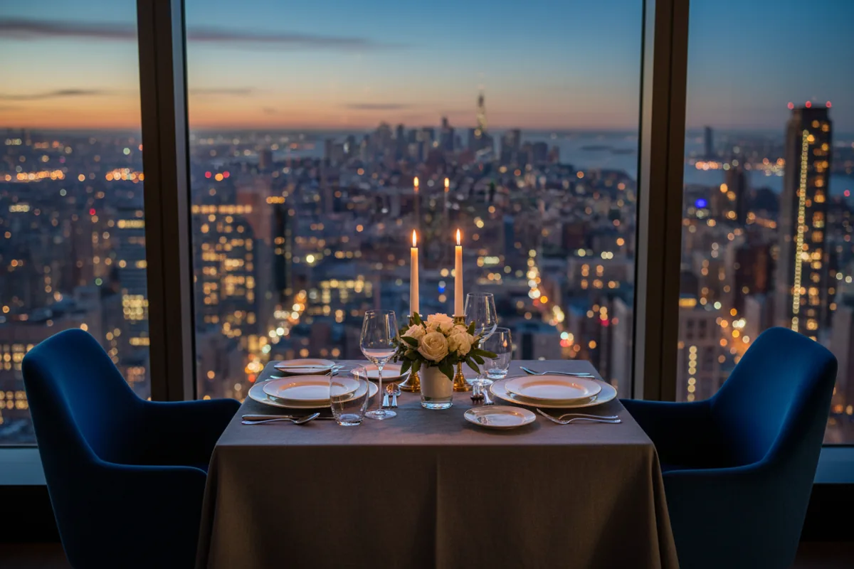 A romantic dinner table for two overlooking the glowing lights of New York City at night.