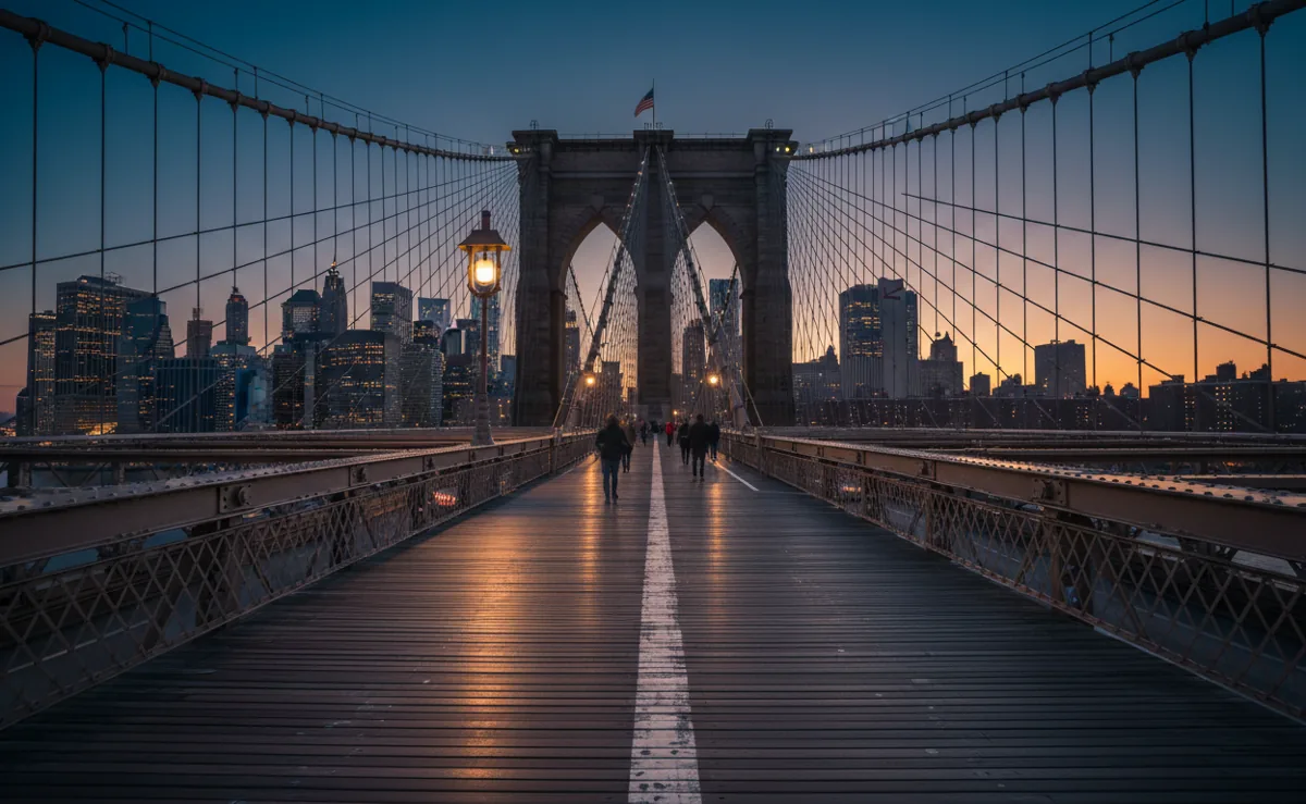 The Brooklyn Bridge walkway at dusk, with the lights of the Manhattan skyline in the distance.