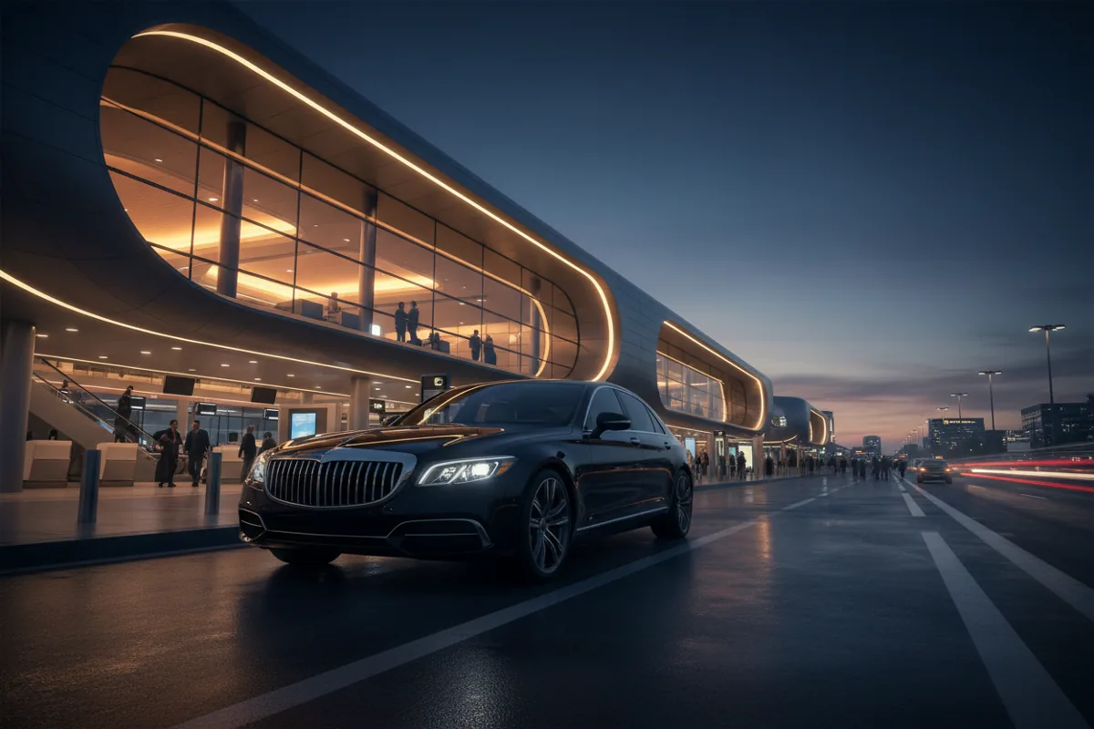 A luxury sedan waits outside an airport terminal at night.