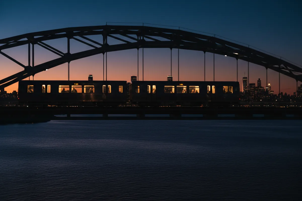 A train travels towards a city skyline at dusk.