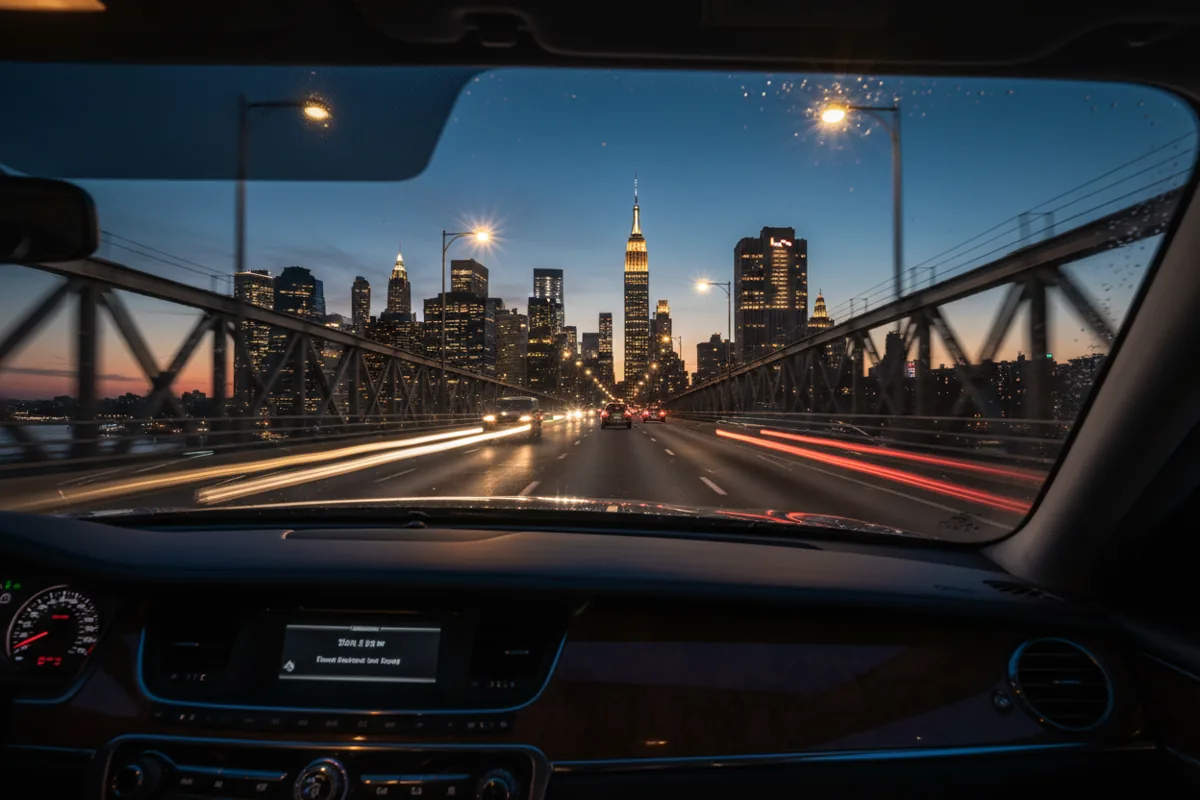 The view of the Manhattan skyline while driving over a bridge at night.