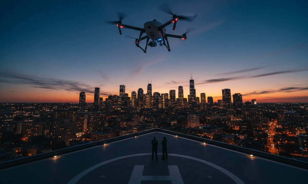 A medical transport drone takes off from a city rooftop at twilight.