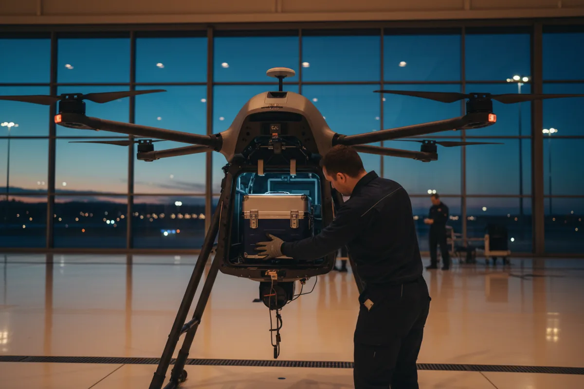 A gloved hand places a medical transport box into a specialized drone.