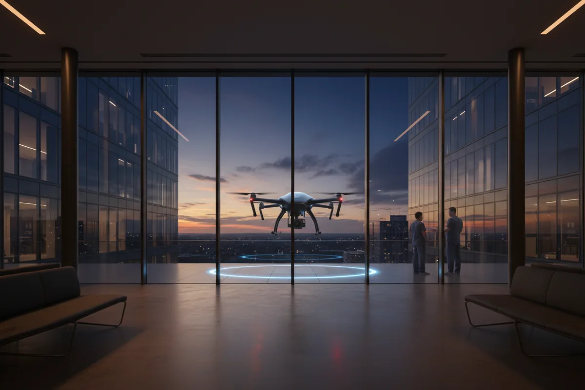 A medical drone seen through a hospital window, preparing to land at dusk.
