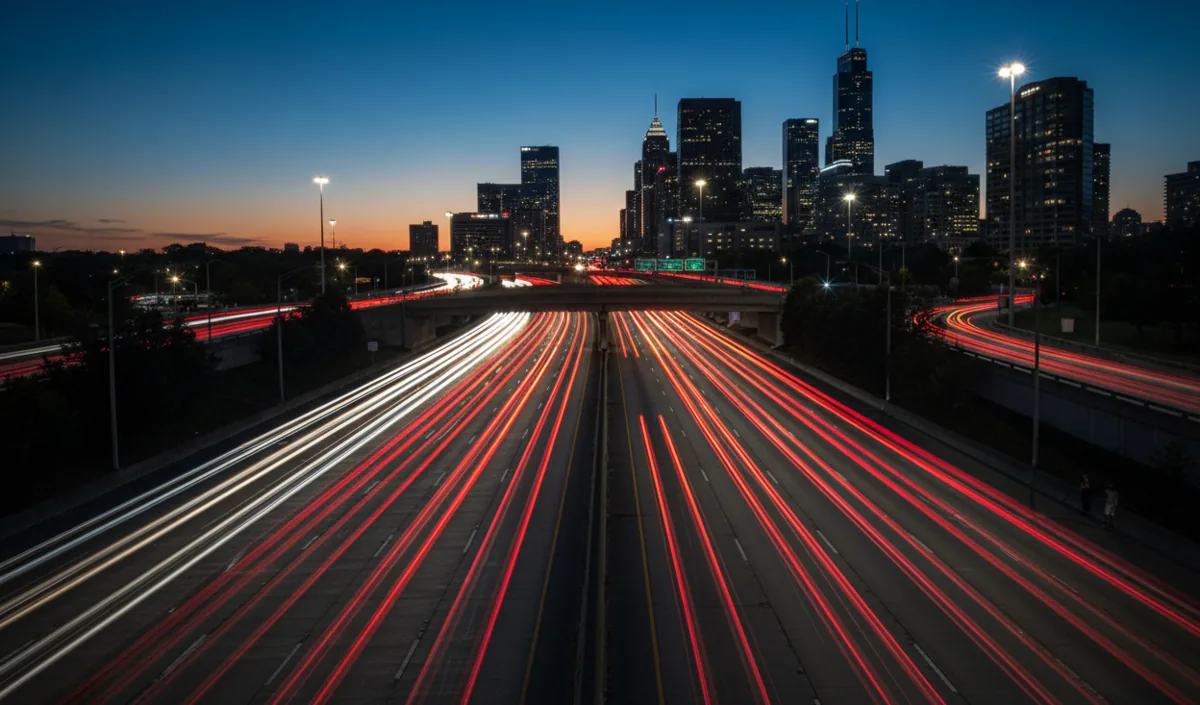 Long-exposure photo of heavy highway traffic at night, with light trails from cars creating a sense of motion and delay.
