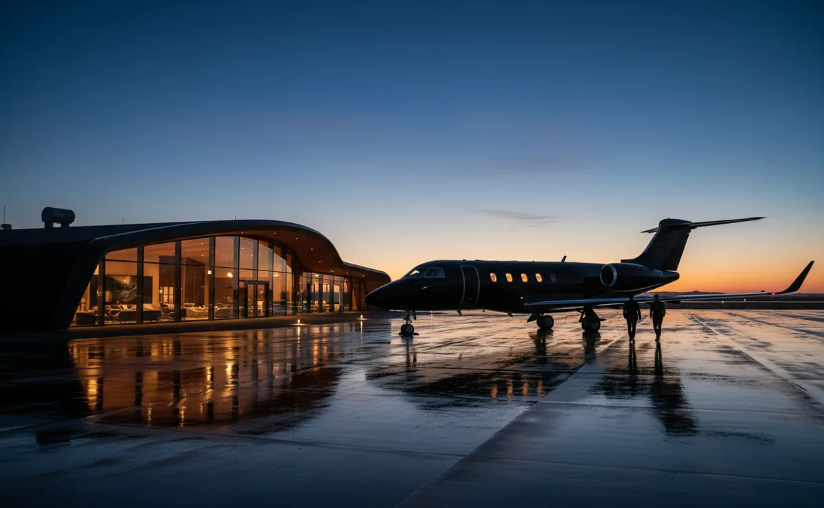 A private jet on an airfield tarmac at dusk, with warm lights from a nearby terminal reflecting on the ground.