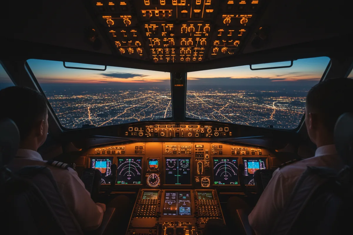 The view from an aircraft cockpit at night, showing illuminated flight controls and a glowing city grid below.