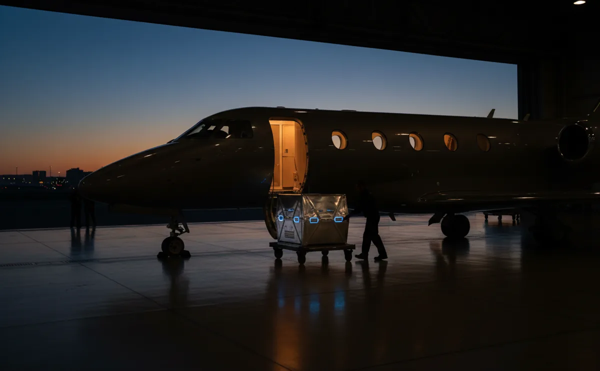 An organ transport container is loaded onto a private jet in a hangar at twilight.