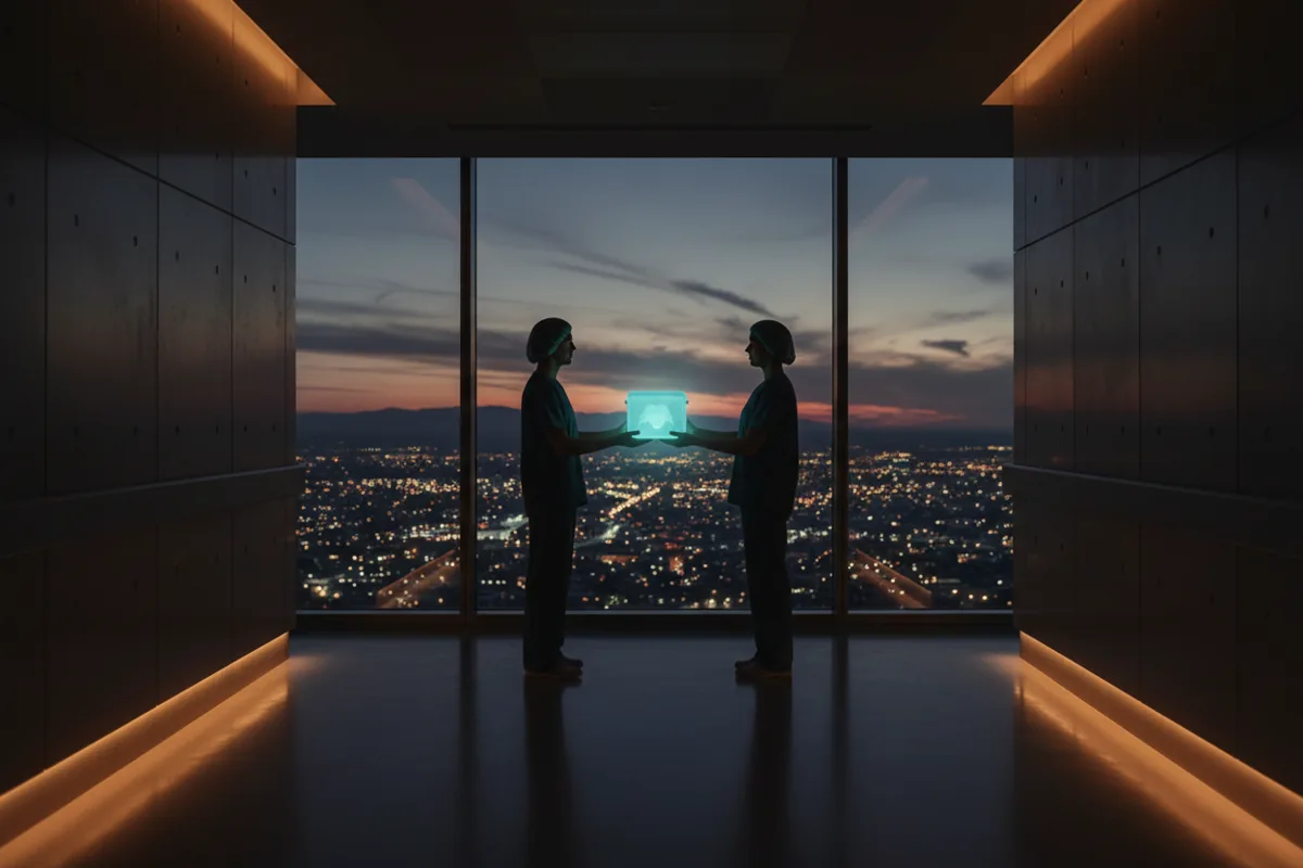 Two medical professionals exchange an organ transport container in a hospital corridor at dusk.