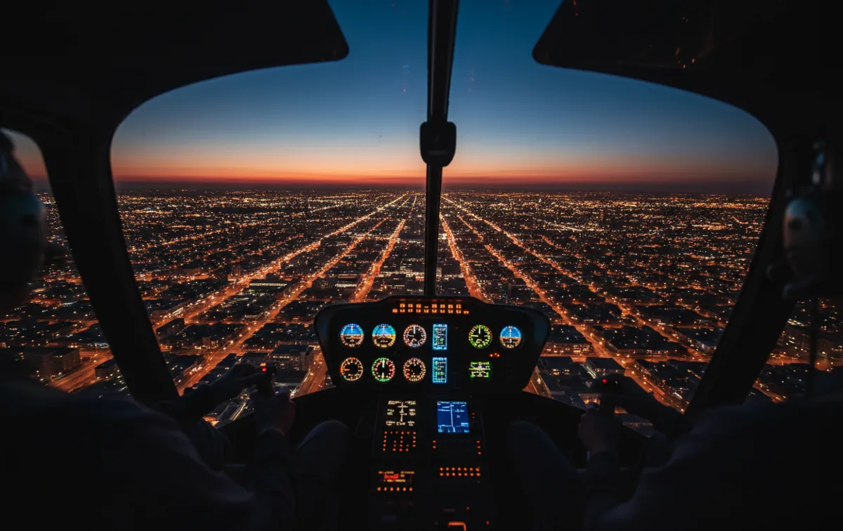 A sprawling city's lights seen from a helicopter cockpit at twilight.