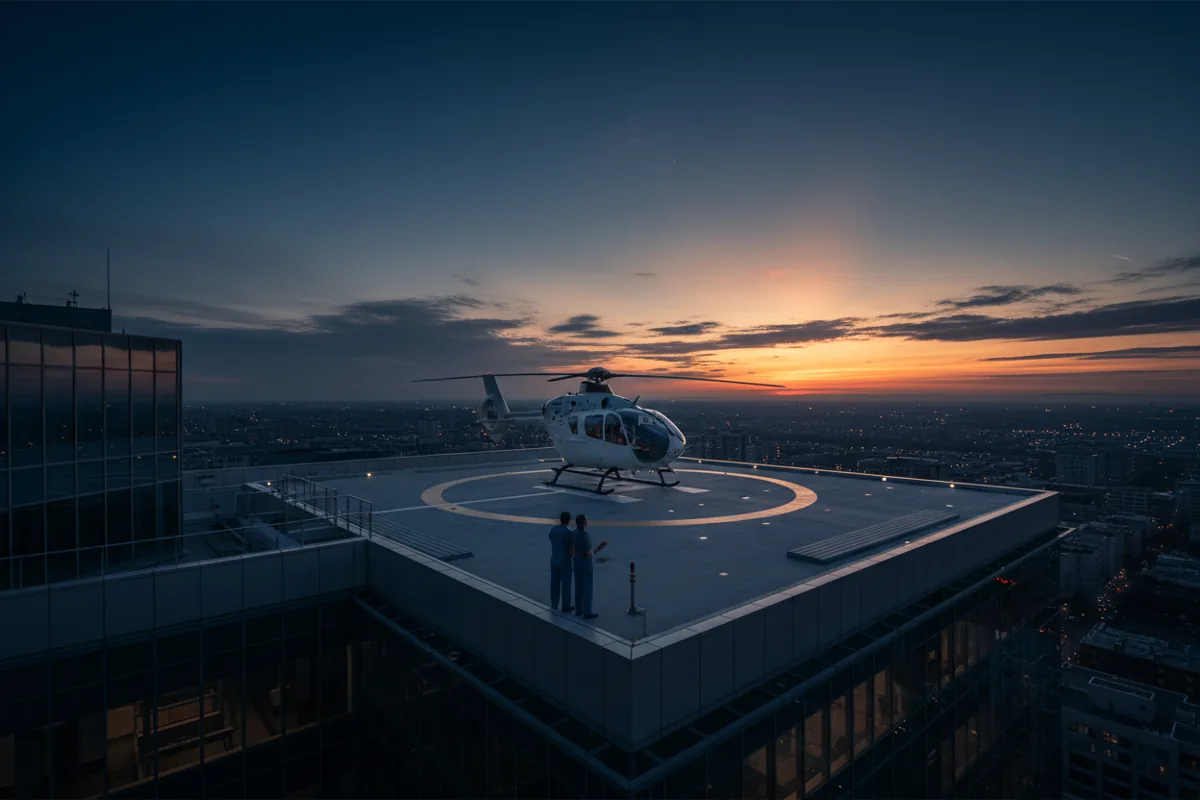 A white helicopter sits on a hospital rooftop helipad at sunrise.