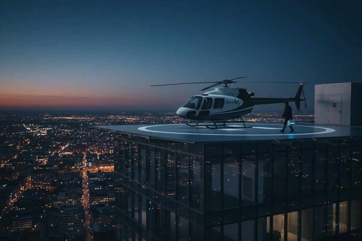 A helicopter rests on a rooftop helipad at dusk, with city lights in the distance.