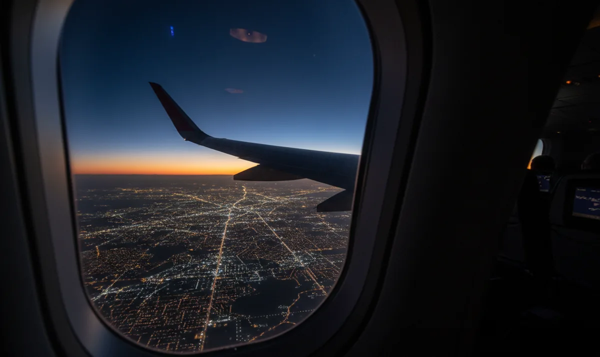A sprawling grid of city lights at night, as seen from an airplane window over the wing.