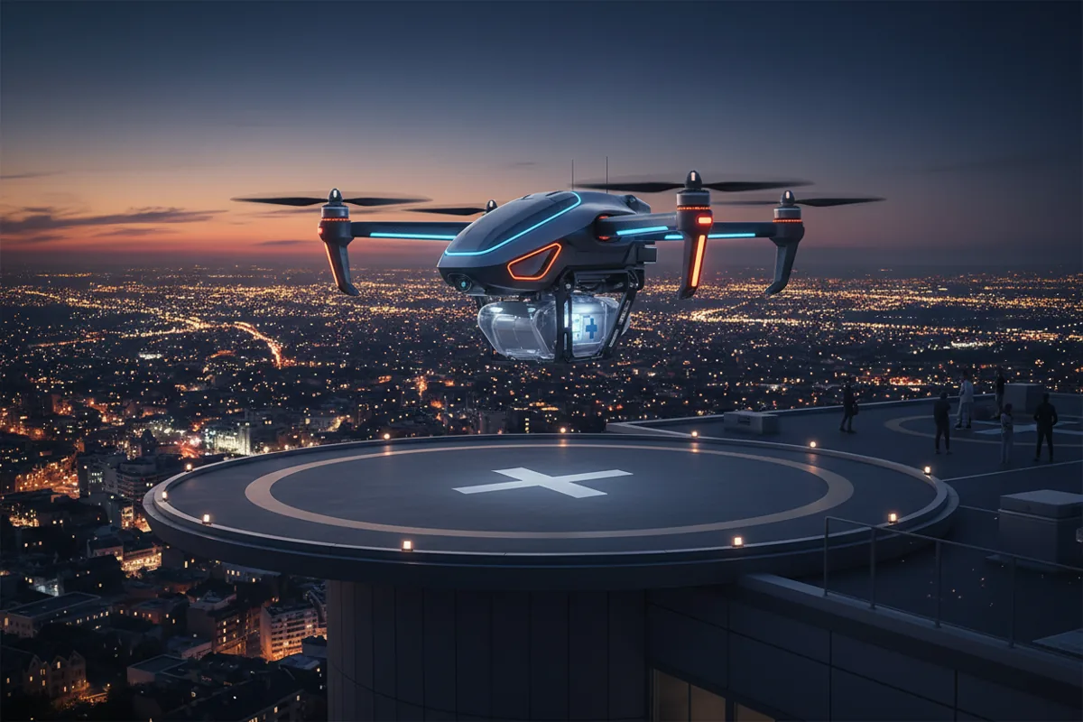 A medical delivery drone hovers over a hospital helipad at twilight with a city in the background.