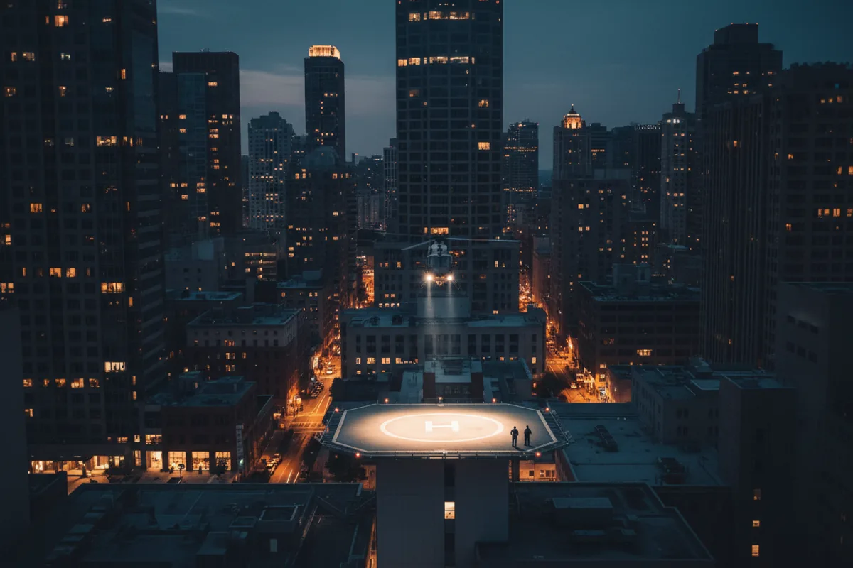 A helicopter prepares to land on a hospital helipad in a city at dusk.