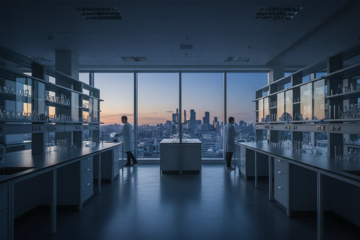 A modern hospital research laboratory with windows overlooking a city at twilight.