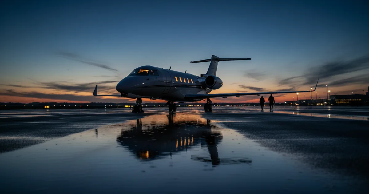 A private jet on an airport tarmac at twilight, with warm light from its windows reflecting on the ground.