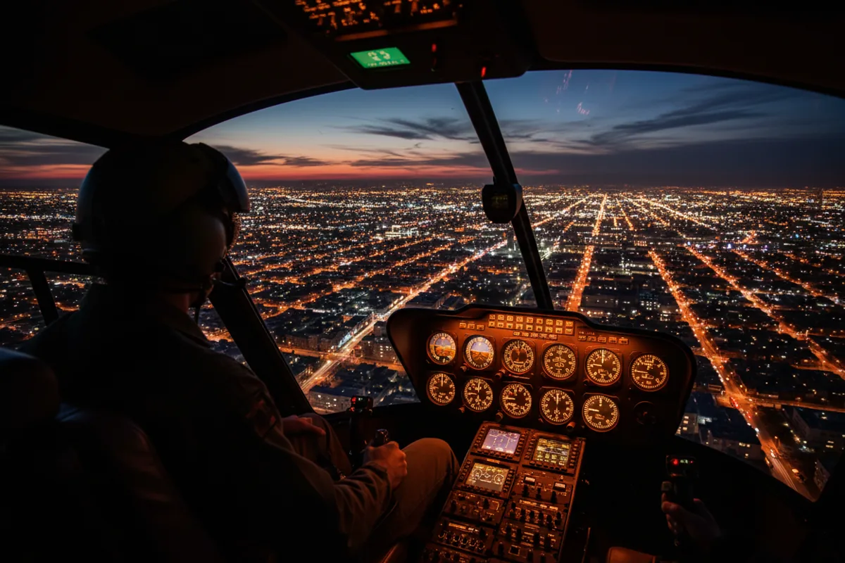 The view from inside a helicopter cockpit showing glowing instruments and a city at night.