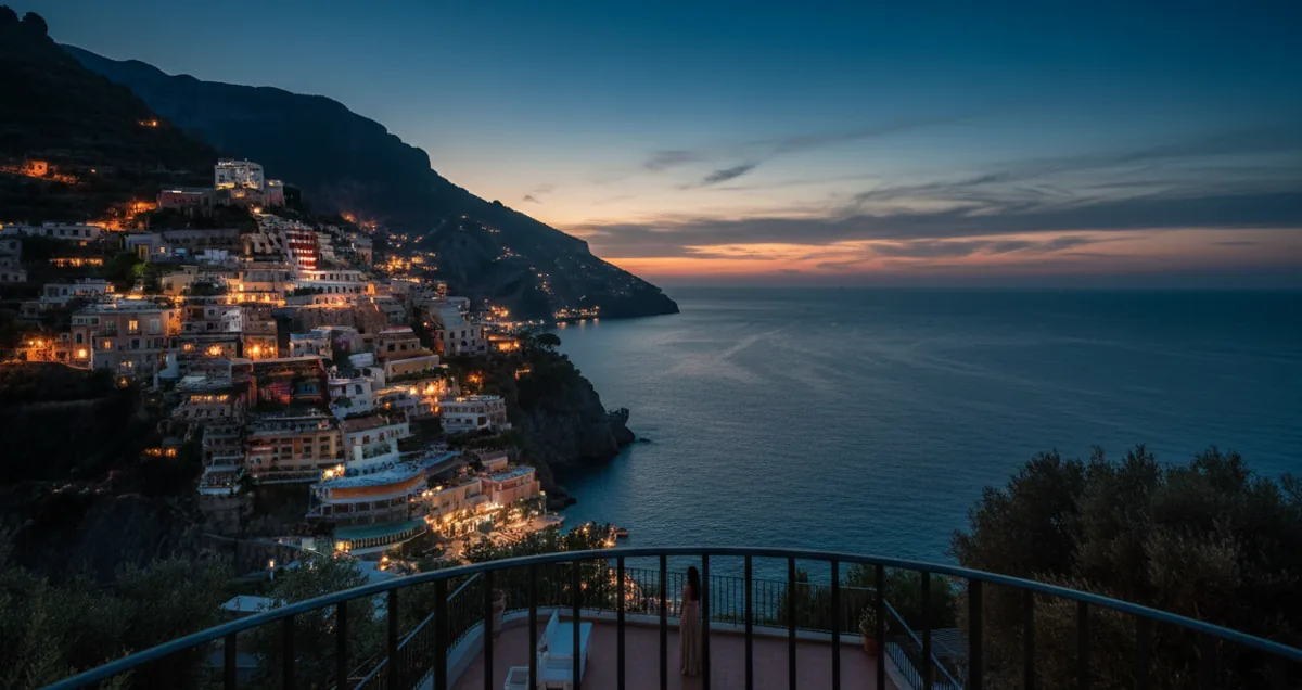 A view of a coastal village in Italy at dusk from a balcony.