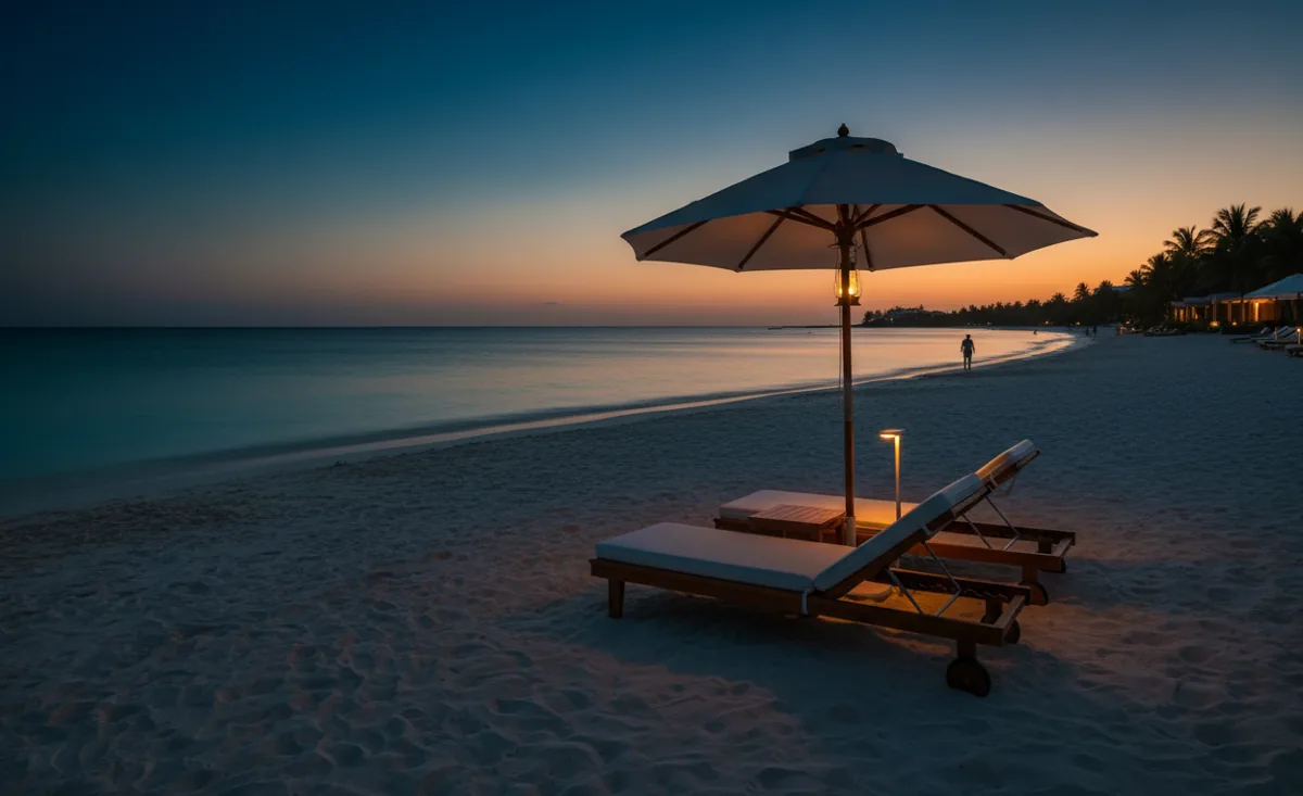 Two empty lounge chairs and an umbrella on a secluded white sand beach with turquoise water.