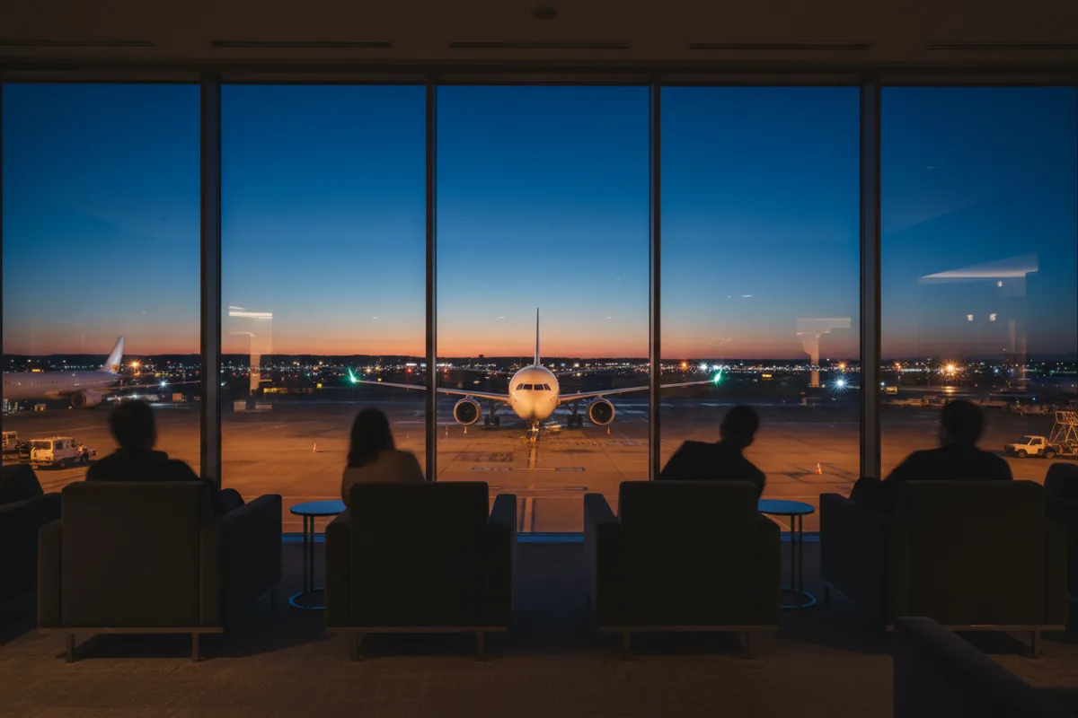A quiet, modern airport lounge with large windows overlooking the tarmac at dusk.