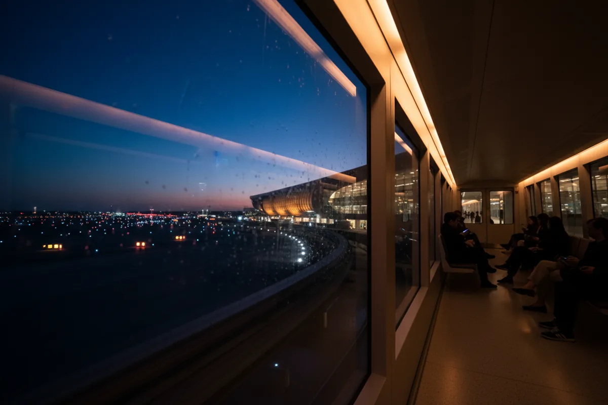 View of an airport terminal and runway lights at dusk from inside a moving monorail train.
