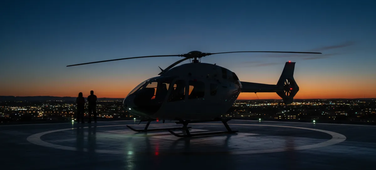 A helicopter on a hospital rooftop helipad at twilight with city lights below.