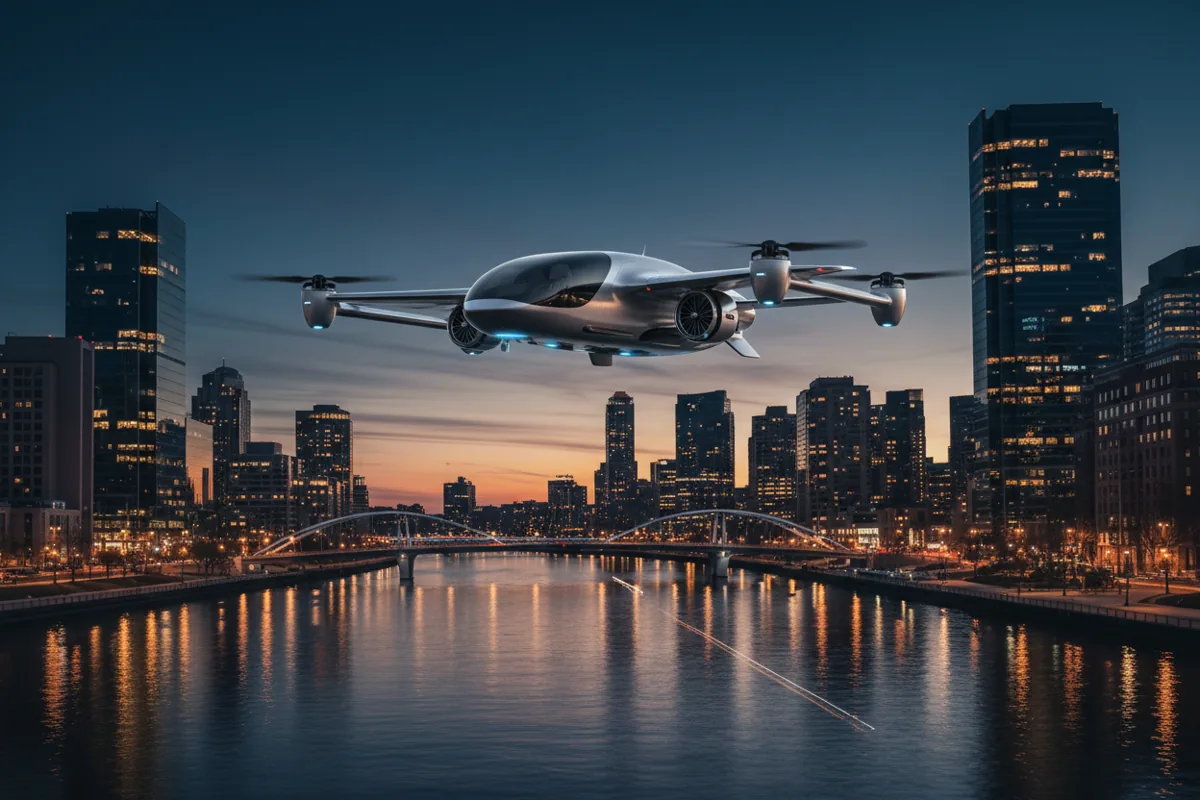 A futuristic air taxi hovers over a river in a city at dusk.