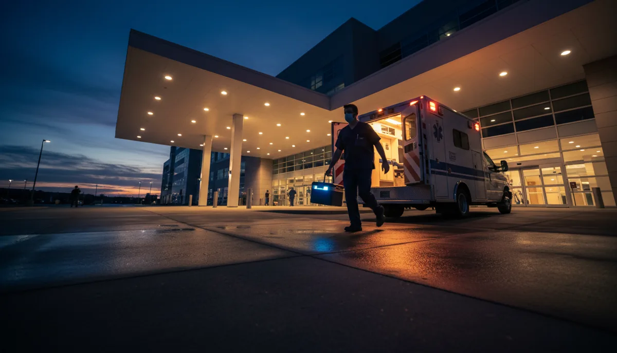 A medical professional carries a cooler from an ambulance into a hospital at night.