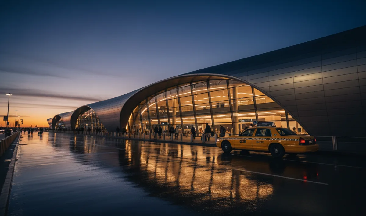 A yellow taxi parked outside a modern airport terminal at night, with warm light glowing from the building.