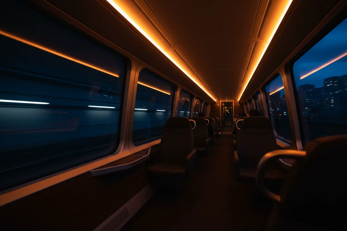 The interior of a modern, nearly empty train car at night, with warm lighting and dark windows showing motion.