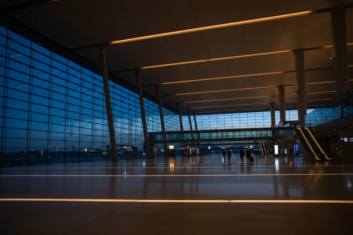 A quiet, modern airport terminal at night with warm architectural lighting and a few distant people.