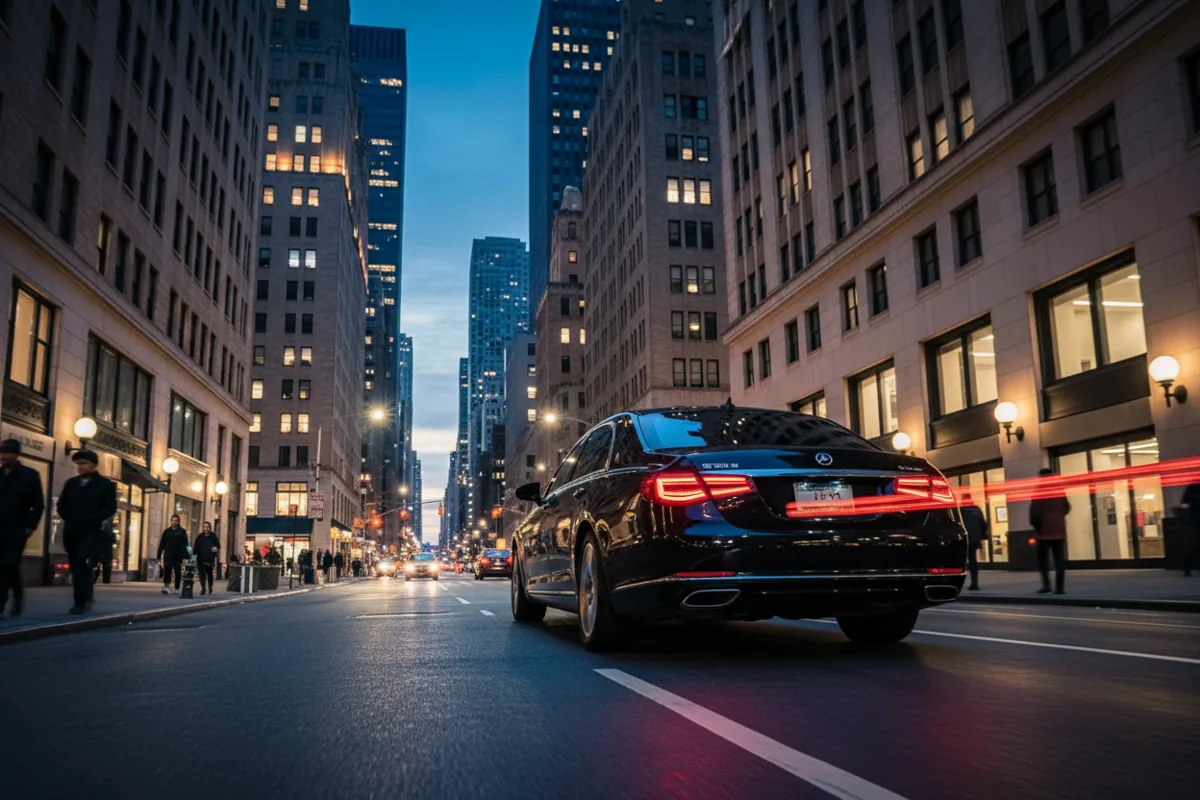 A black luxury car on a city street at dusk, with glowing building lights in the background.